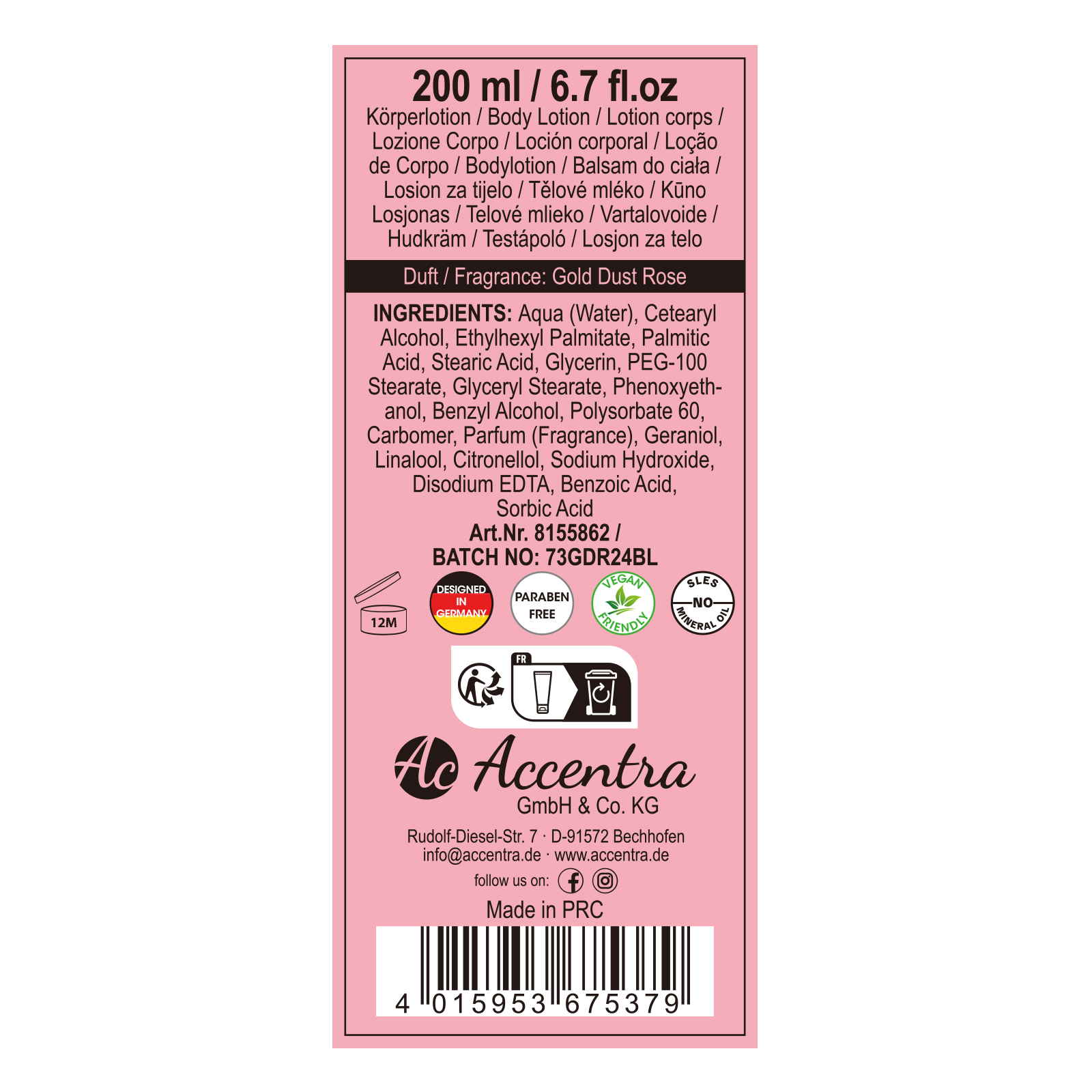 Bodylotion A MOMENT FOR YOU in Tube, 200ml, Duft: Gold Dust Rose, Farbe: rosa/gold, VE 6/24