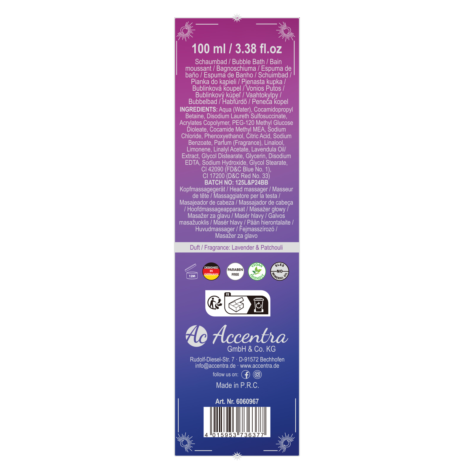 Wellness set SLEEP WELL in gift box, incl. 100ml bubble bath, head massager, fragrance: Lavender &amp; Patchouli, col. blue/purple, PU 6/12
