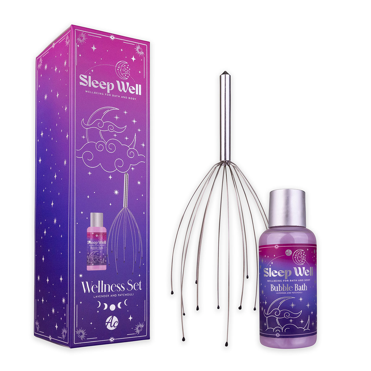Wellness set SLEEP WELL in gift box, incl. 100ml bubble bath, head massager, fragrance: Lavender &amp; Patchouli, col. blue/purple, PU 6/12