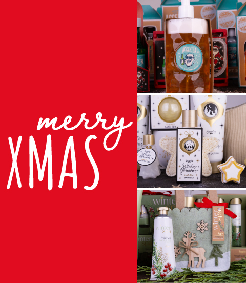 Collage aus weihnachtlichen Produkten in dekoriertem Hintergrund