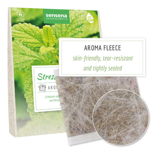 Verpackung eines Aromabadekissens der Marke sensena mit grünem Blätterhintergrund und Text 'aroam fleece, skin-friendly, tear-resitant and tightly sealed'.