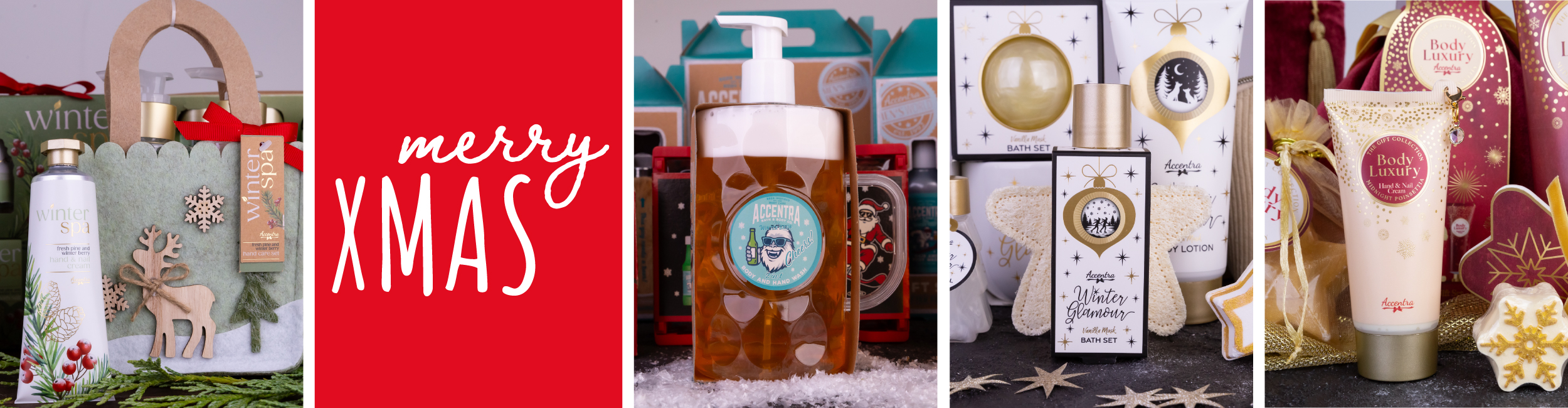 Collage aus weihnachtlichen Produkten in dekoriertem Hintergrund