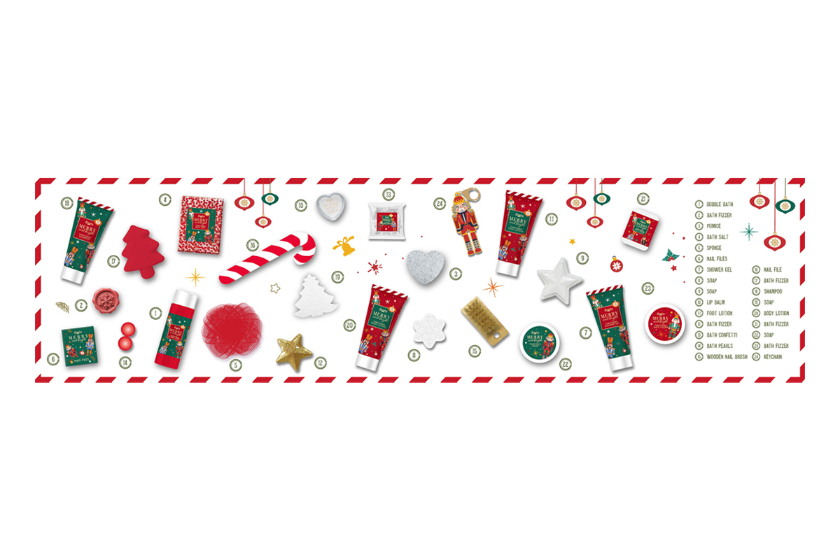 Advent calendar MERRY &amp; BRIGHT in folding box (envelope), incl. 24 surprises, size: 47 * 4.5 * 34cm, PU 6