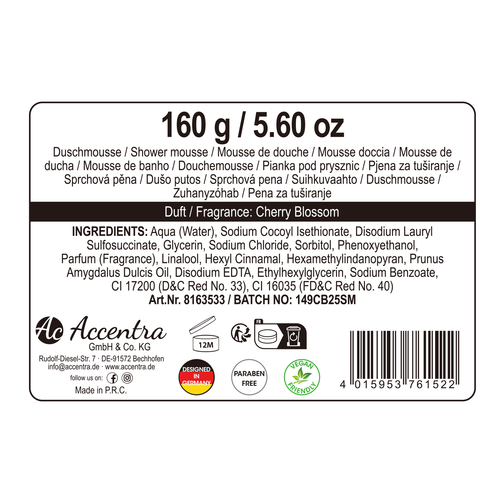 Duschmousse ESSENTIAL BOTANICALS in Tiegel, 160g, Duft: Cherry Blossom, Farbe: rosa/gold/beige, VE 6/12